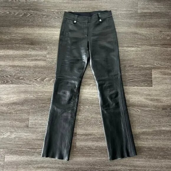 Vintage DKNY Y2K Black Leather Pants Sz 6 Moto Biker Quilted Waist Trousers EUC - Picture 1 of 15